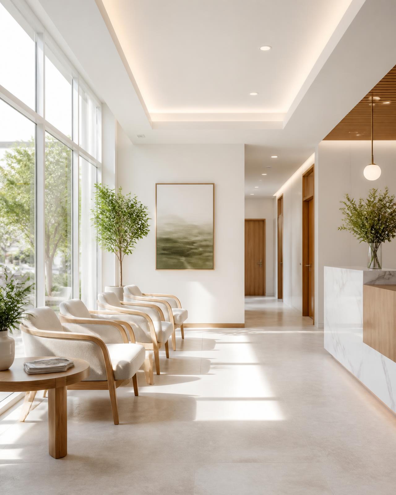 Bright, modern clinic waiting area with natural light and minimal furniture