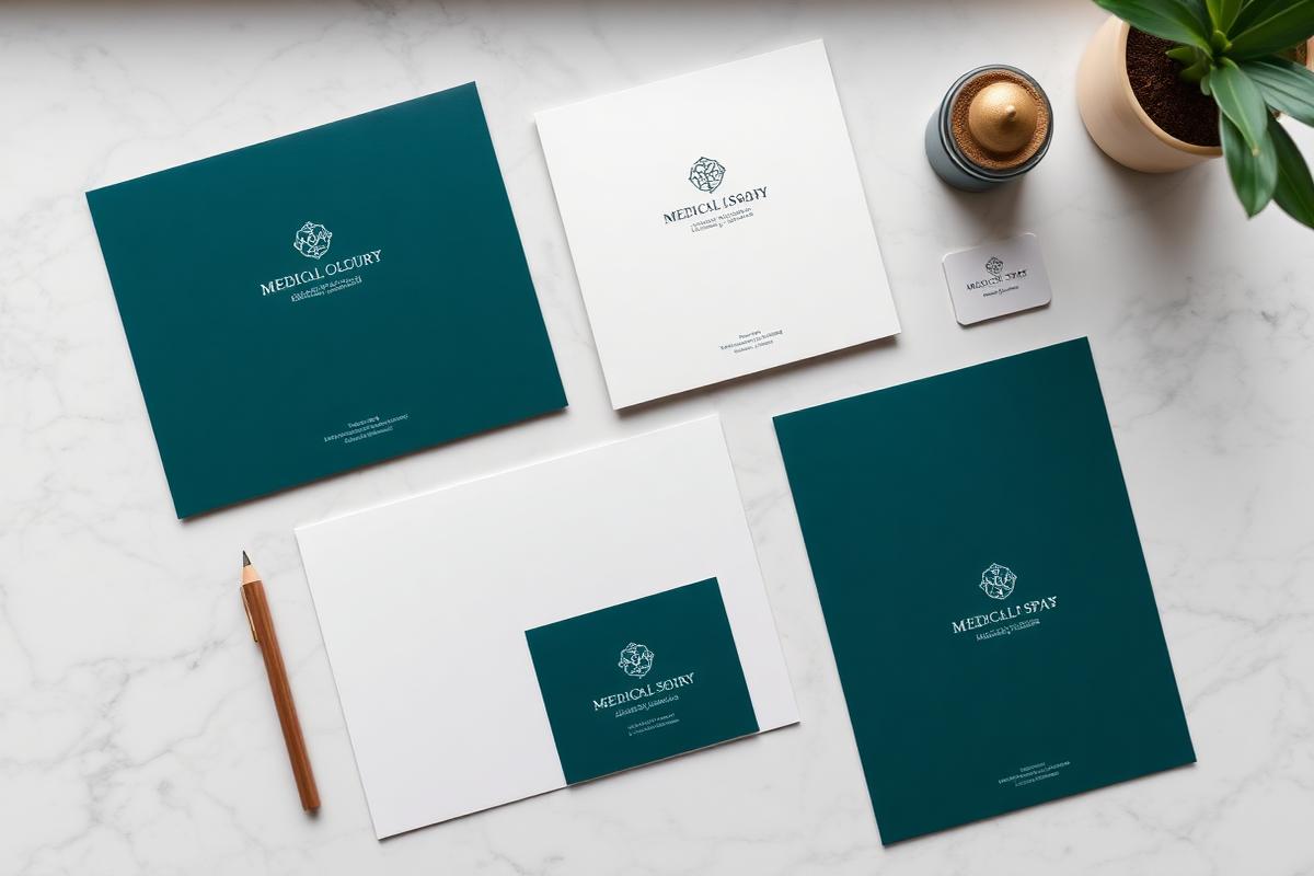 Brand identity materials for a premium medical practice laid out on a desk