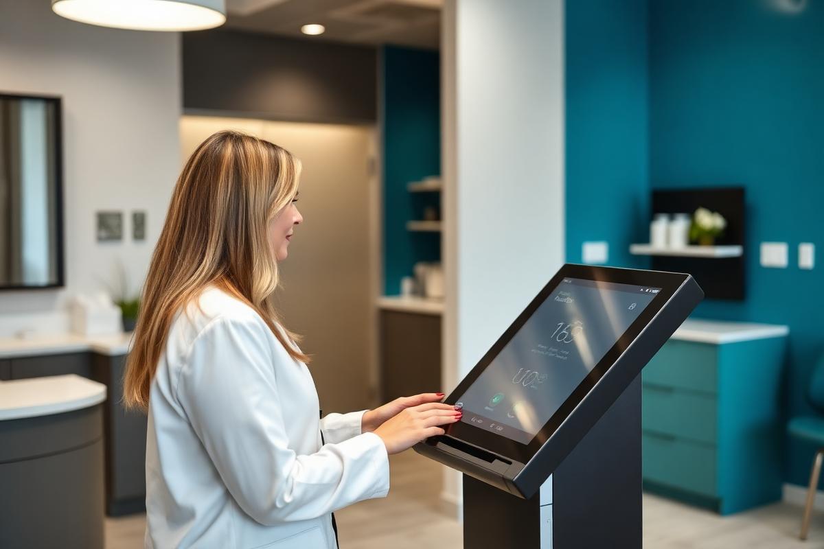 Patient being welcomed at a modern clinic reception desk