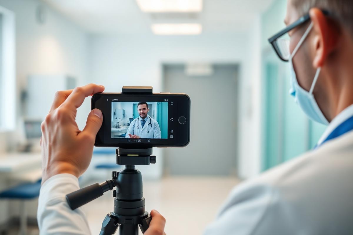 Clinician recording an educational video in a bright consultation room