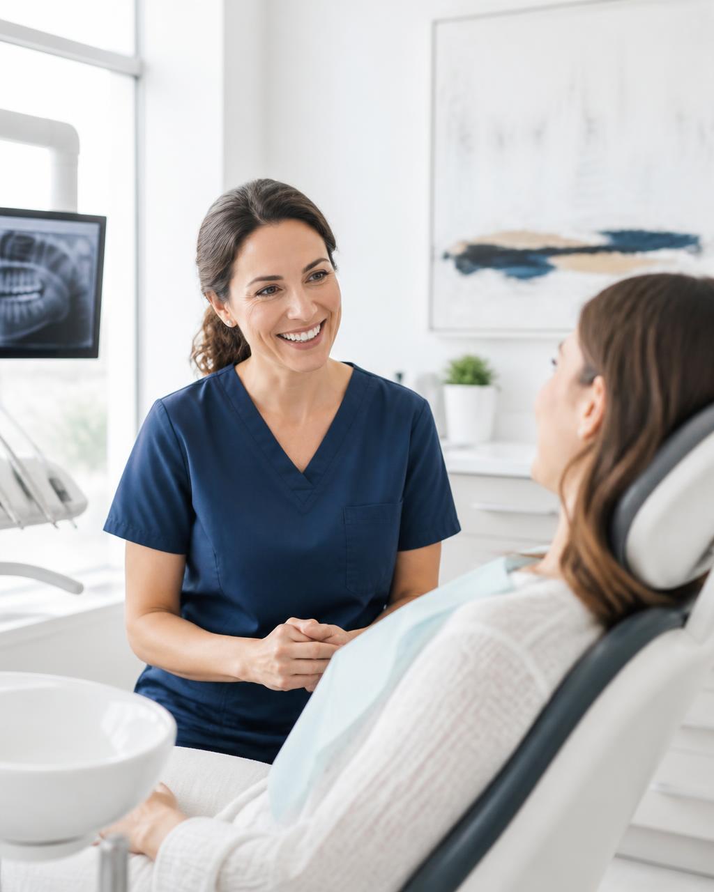 Clinician explaining a treatment plan to a patient in a modern clinic