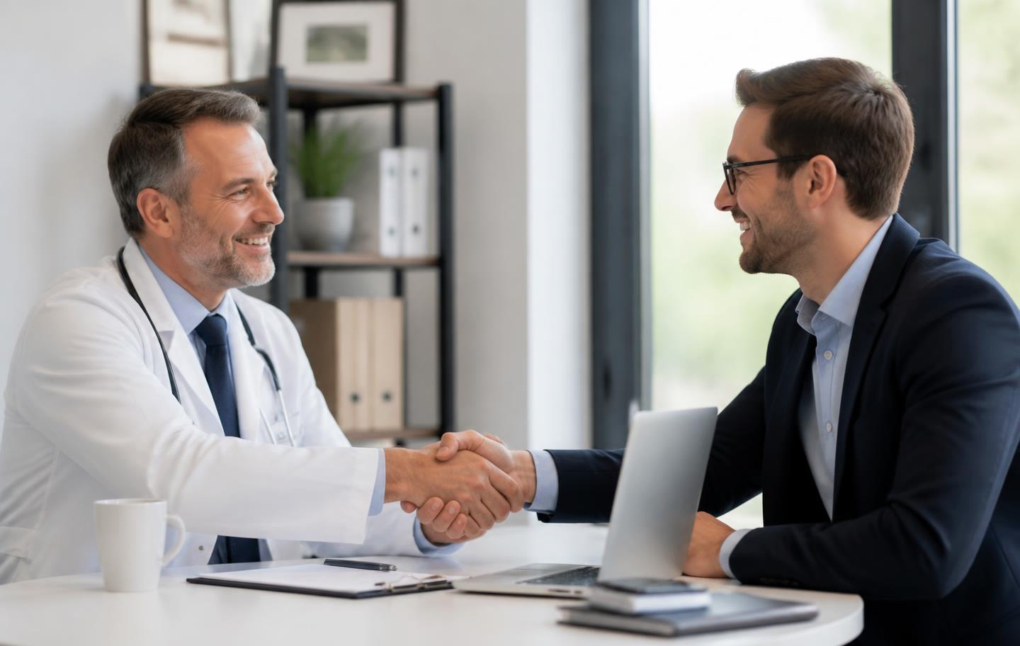 A doctor and a BrandLab strategist shaking hands after a scoping call