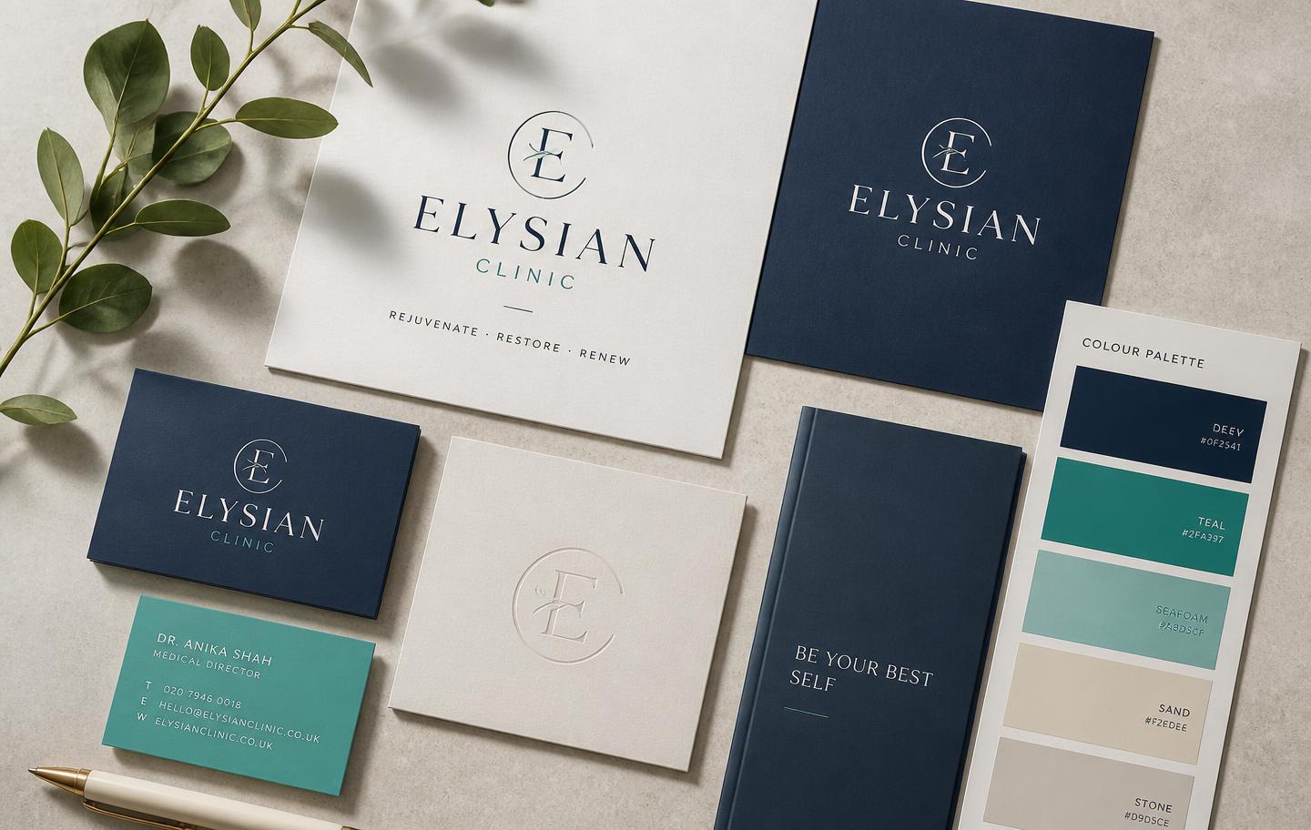 Clinic brand identity materials: logo prints, colour palette cards, and stationery