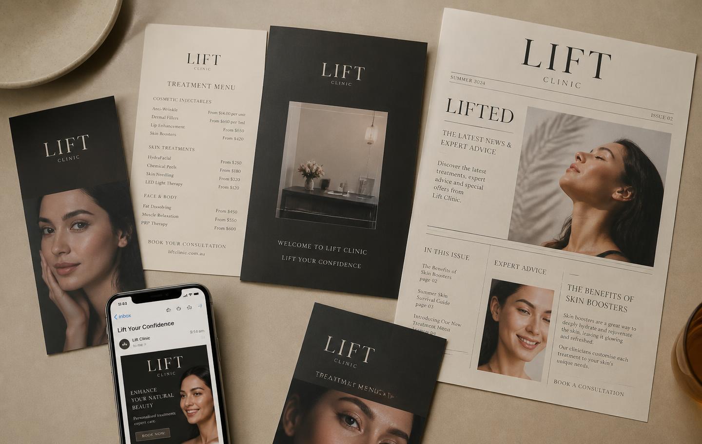 Printed treatment menus, newsletter, and an email campaign on a phone