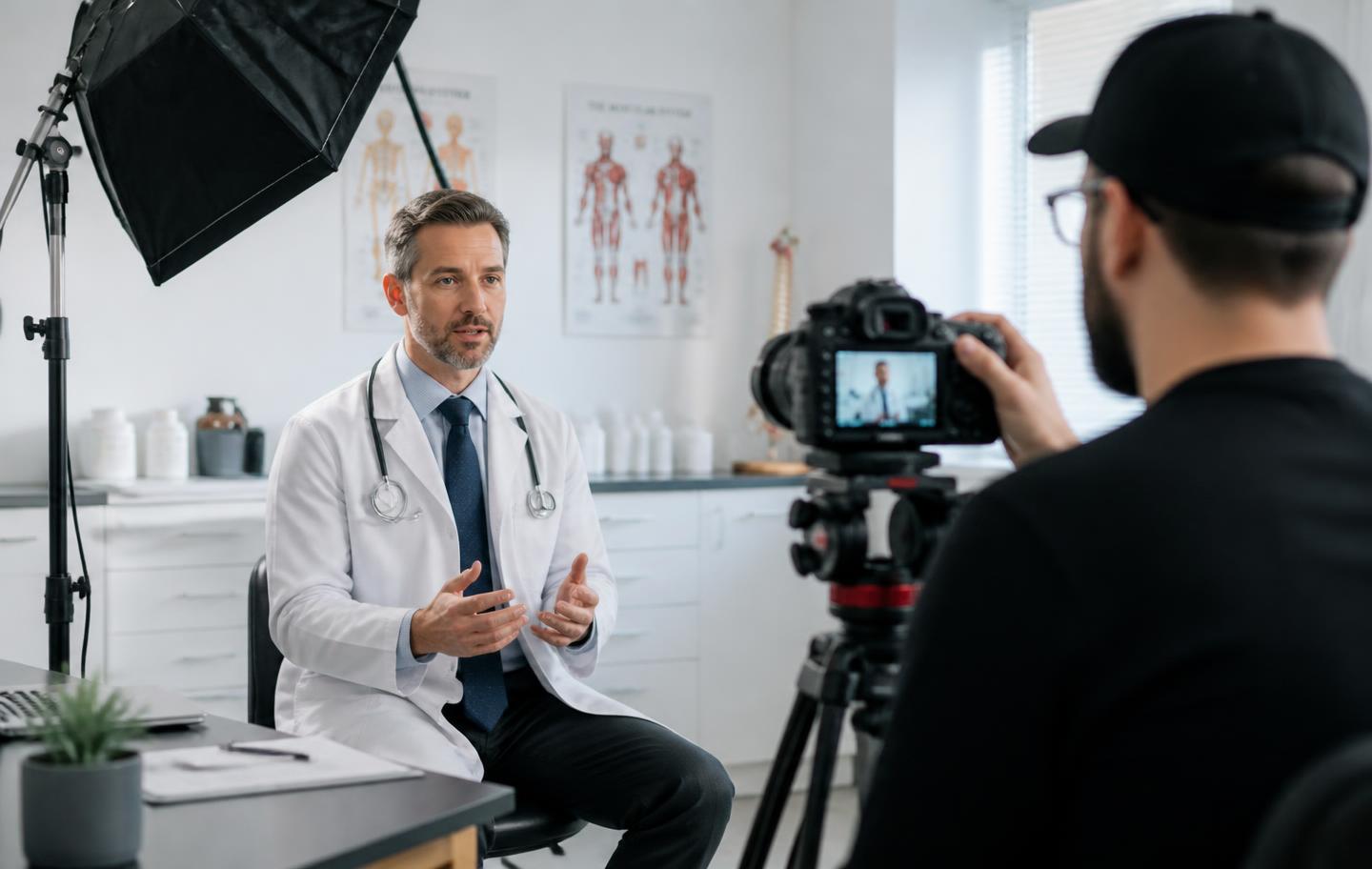 Doctor being filmed on camera for an educational video series in a clinic