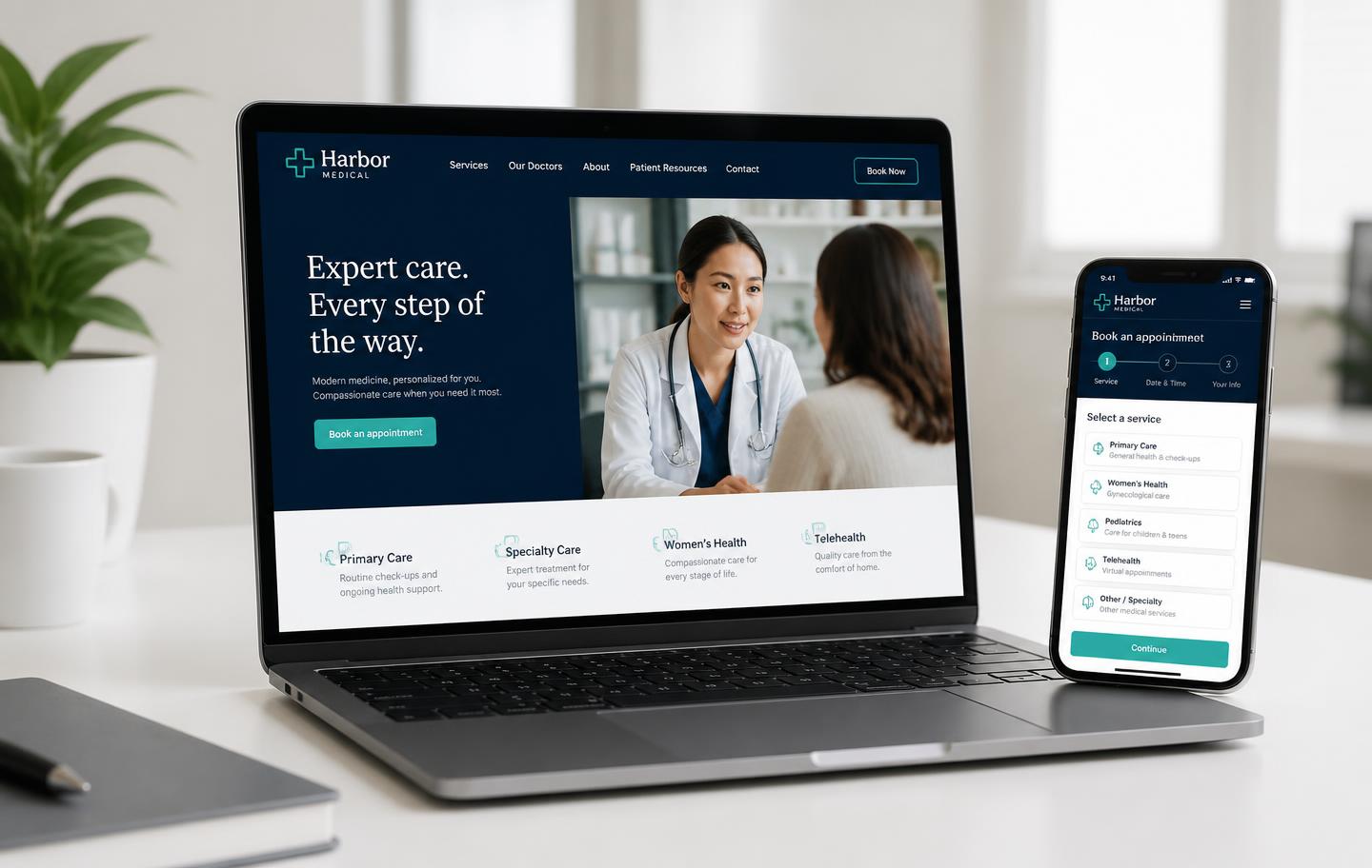 Modern clinic website and mobile booking flow shown on a laptop and phone